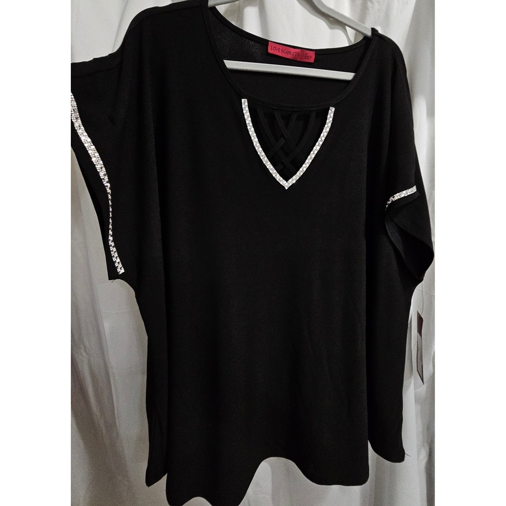 Love Scarlett Black Rhinestone Lattice Neck Top 3X Short Sleeve Blouse 110018477